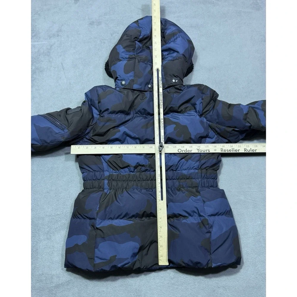 Coach Puffer Jacket Womens S Blue Camo Goose Down Sherpa Hood